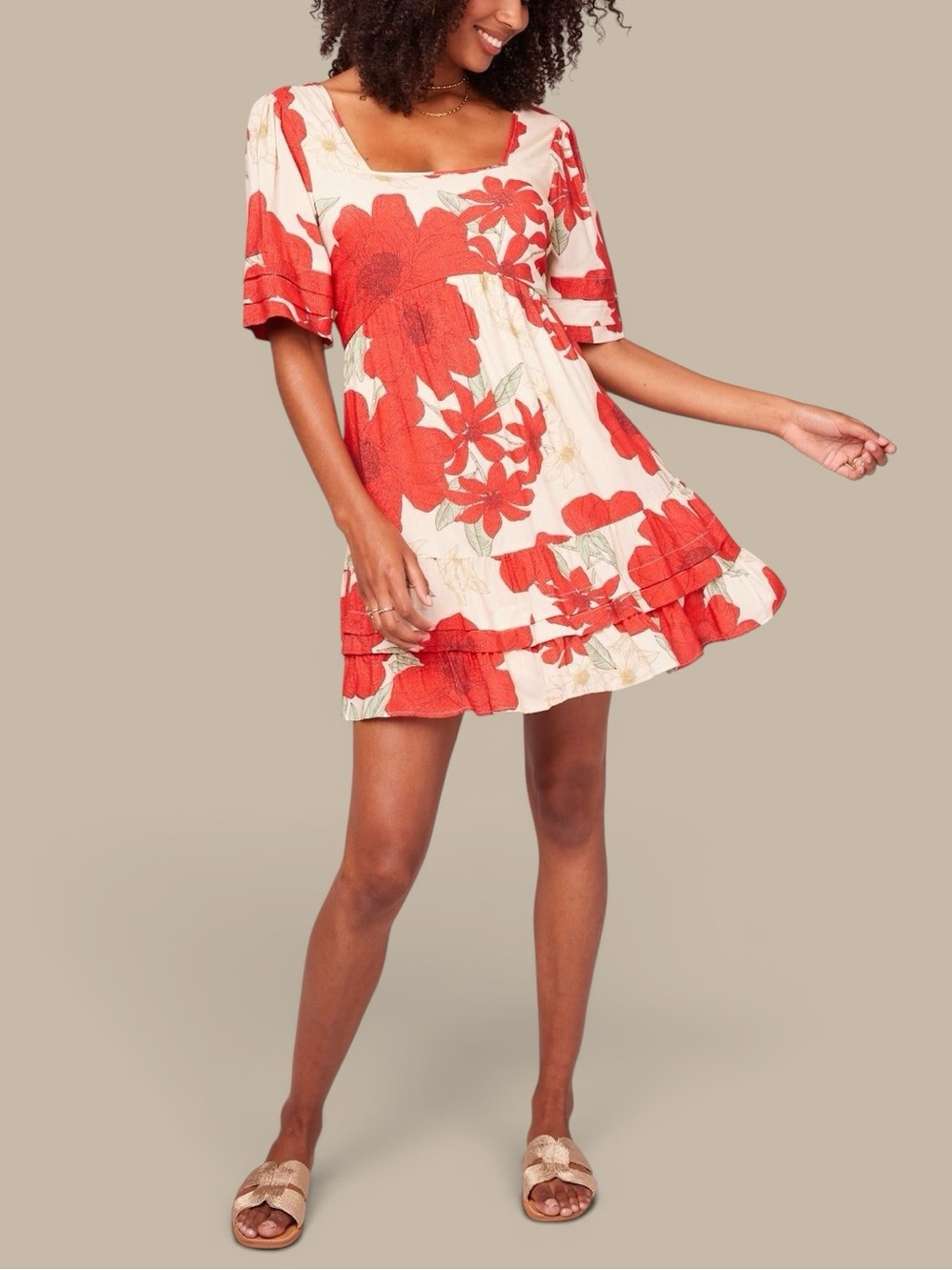 B.O.G Collective Floral Red/Cream Poppy Print Square Neck Ruffle Hem Mini Dress - Picture 7 of 7